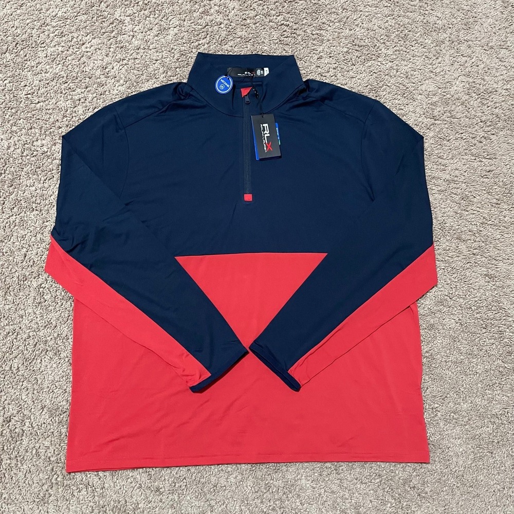 RLX Ralph Lauren Sweatshirt Mens XL Red Navy Colorblock Golf Wicking 1/4 Zip